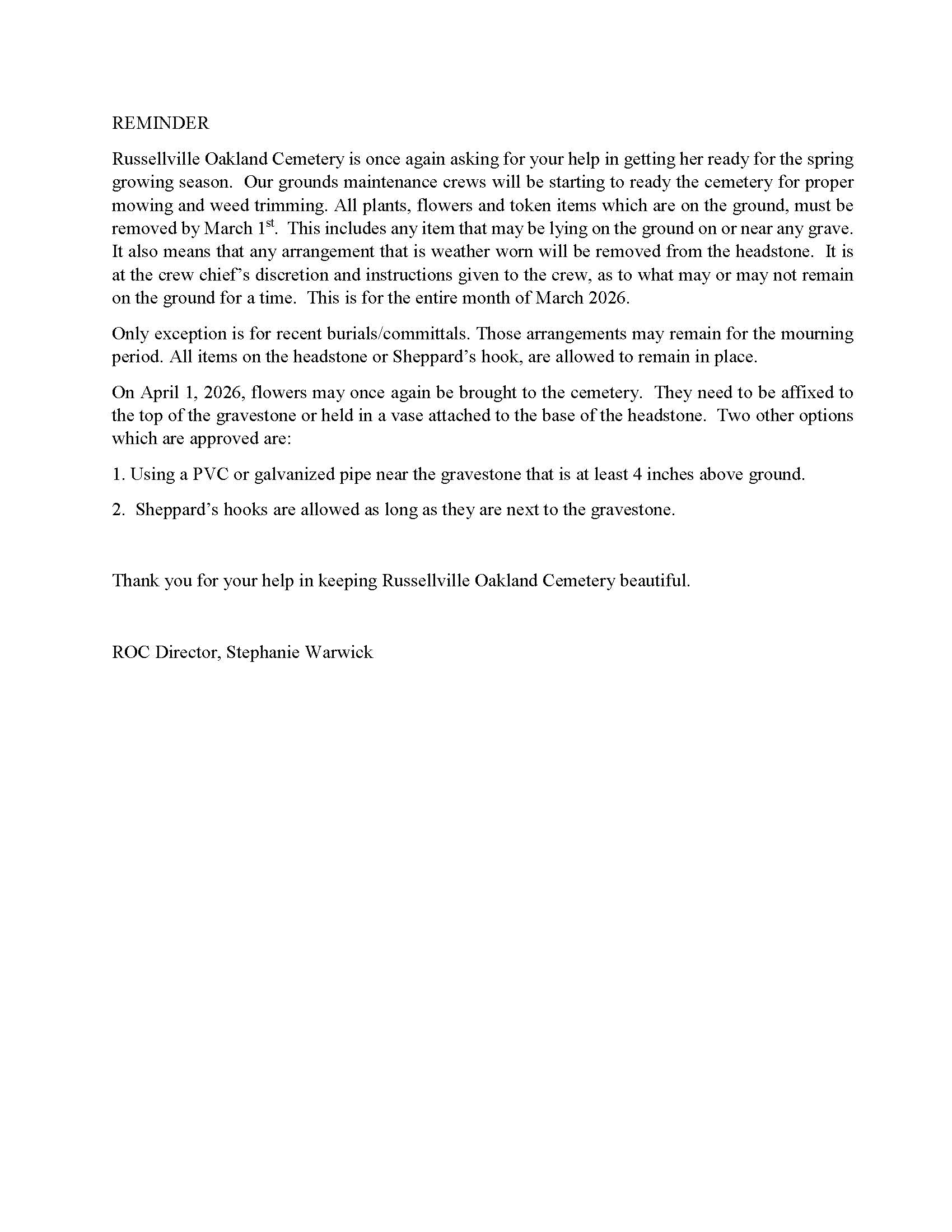 Reminder to remove flowers 2026